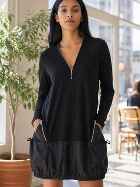 Black Zip Front Tunic Mini Dress Modal Casual Minimalist Comfy USA XL